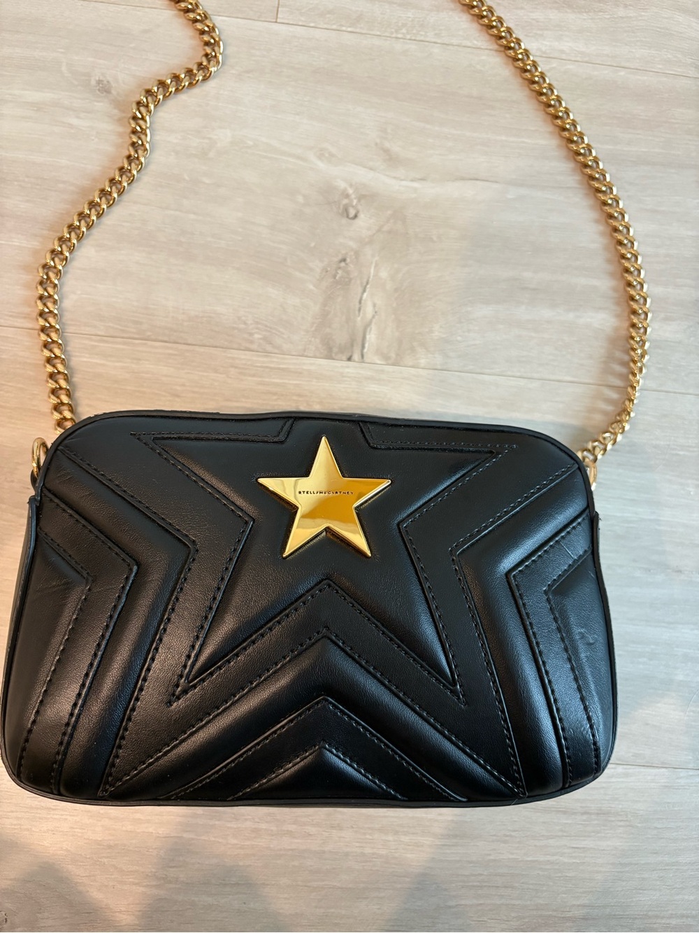 Stella McCartney Black Quilted Star Crossbody with Gold Chain